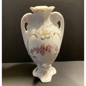Royal Dux Porcelain Urn Vase Pink Roses Double Handles Gold Trim Czechoslovakia
